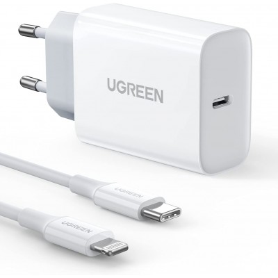 50698 UGREEN CD137 Зарядное устройство, 1порт USB-C, 20W + кабель Type-C - Lightning 1m, цвет: белый 50698 UGREEN CD137 Зарядное устройство, 1порт USB-C, 20W + кабель Type-C - Lightning 1m, цвет: белый