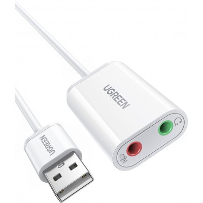 30143 Звуковая карта внешняя UGREEN US205, USB to 2 AUX 3.5mm (микрофонный вход + аудиовыход), с проводом 15cm, цвет: белый